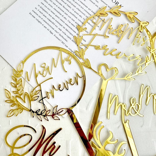 Decoratiune Cake Topper Flippy Mr&Mrs Forever Design Temă Nuntă 10 Cm Aurie