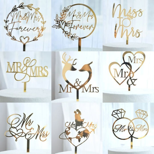 Decoratiune Cake Topper Flippy Mr&Mrs Forever Design Temă Nuntă 10 Cm Aurie