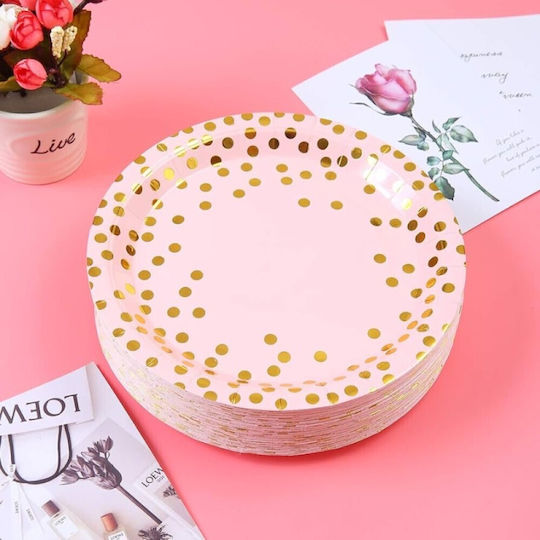 Set 10 Disposable Plates Flippy Polka Dot Print Cardboard 18 Cm Diameter Pink Gold