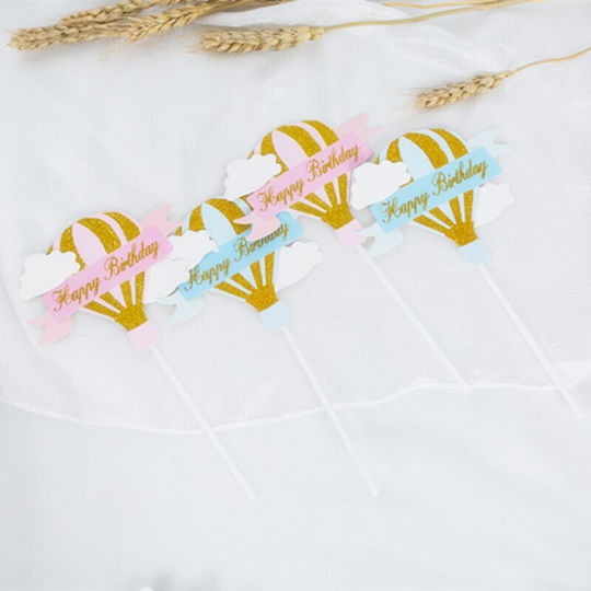 Set 3 Cake Toppers Flippy Design Balon cu Aer Cald Temă La Mulți Ani Roz