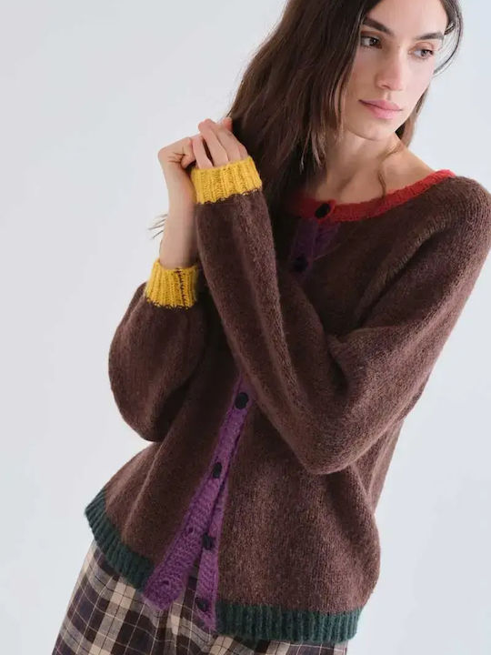Long Women's Knitted Cardigan with Buttons Brown