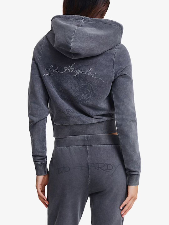 Cropped Women's Sweatshirt Cardigan Hooded Black