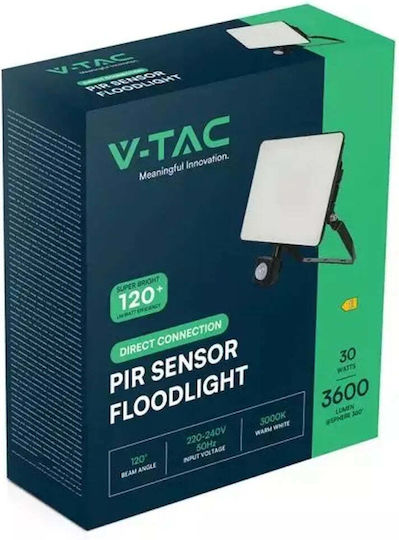 V-TAC Στεγανός Προβολέας LED 30W Φυσικό Λευκό 4000K με Αισθητήρα Κίνησης IP65
