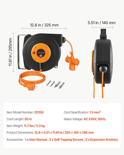 Vevor Extension Cord Reel with Cable 20m