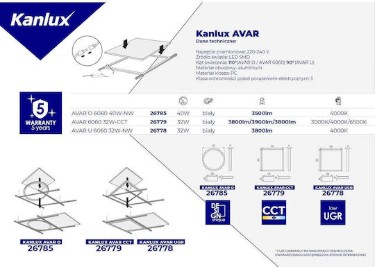 Kanlux Χωνευτό LED Panel 32W Kanlux Χωνευτό LED Panel 32W