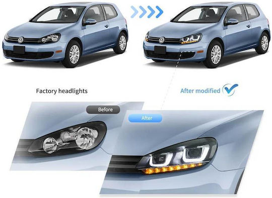 Предни Фарове Комплект Vw Голф Vi 6 08-12 Дневни Светлини U-Тип & Динамични Светлини & Devil Eye Черни H7/H7 Мотор Vland