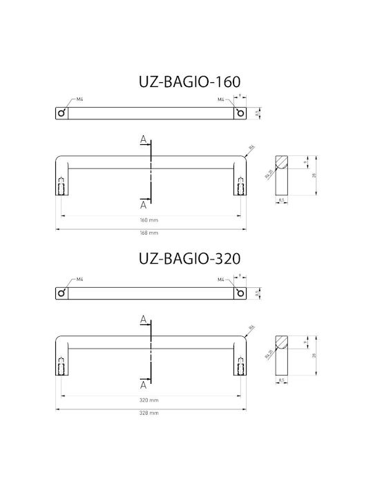 Gtv Bagio Möbelgriff aus Zamak & Metall gebürsteter Stahl Farbe Φ8.5mm Lochabstände 160mm UZ-BAGIO-160-06