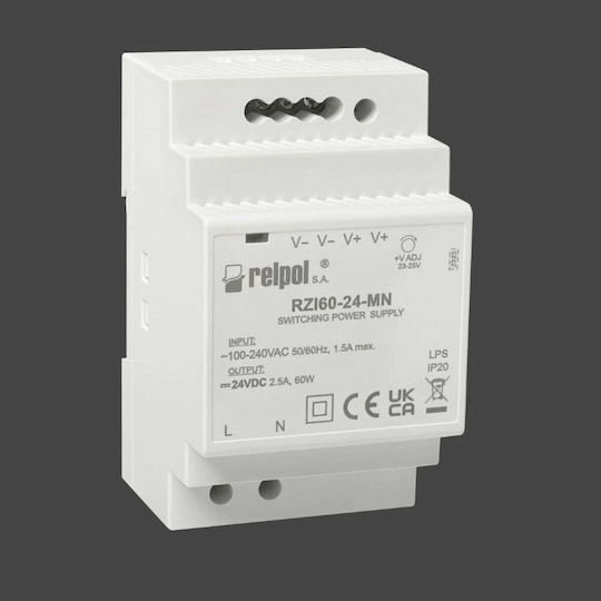 Relpol Τροφοδοτικό Ράγας με Έξοδο 24V και Ισχύ 60W 2.5A