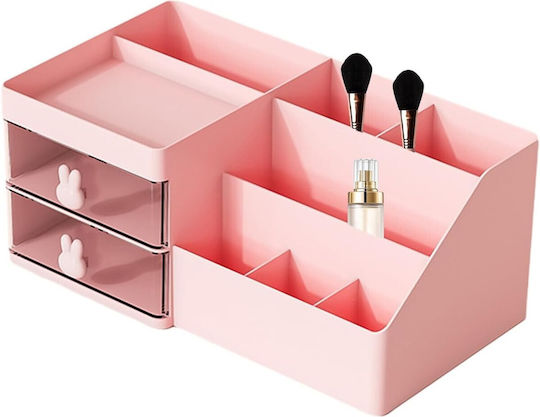 Office Storage Box Flippy Makeup Stationery Cosmetics Organizer 2 Drawers Multiple Compartments Bunny Design Plastic 27.5x15.5x12 Cm Pink
