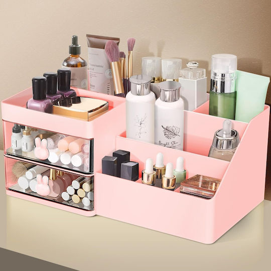 Office Storage Box Flippy Makeup Stationery Cosmetics Organizer 2 Drawers Multiple Compartments Bunny Design Plastic 27.5x15.5x12 Cm Pink