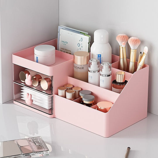 Office Storage Box Flippy Makeup Stationery Cosmetics Organizer 2 Drawers Multiple Compartments Bunny Design Plastic 27.5x15.5x12 Cm Pink