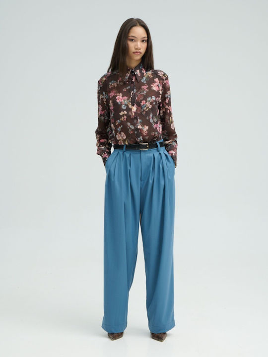 Long Sleeve Women's Silky Shirt Brown-Blue-Pink Floral