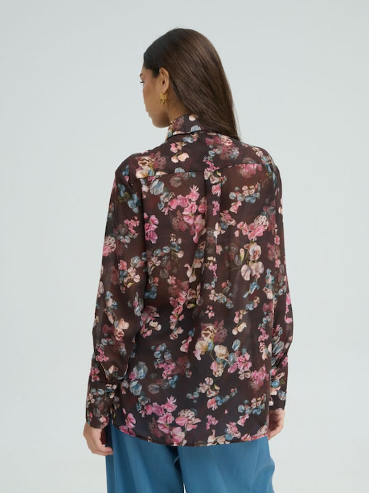 Long Sleeve Women's Silky Shirt Brown-Blue-Pink Floral