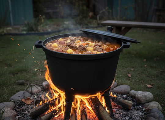 Cast Iron Hunting Pot Lid Legs Outdoor Cooking 8 Liters 32x47 Cm Black