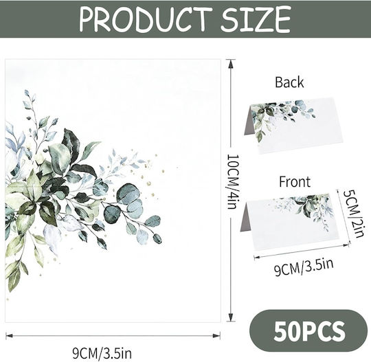 Set 50 Carduri de Masă Tip Cort Evenimente 9 X 10 Cm Pliate 9 X 5 Cm Elegant Model Botanic Frunze Verzi Carton Preasamblat Prepliat Nunți Botezuri Aniversări Sărbători Mărturii