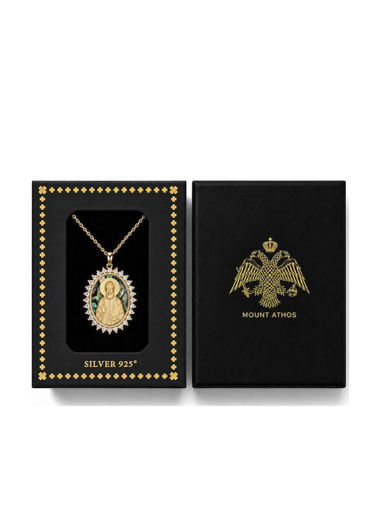 Ulysses Silver Pendant "Saint Paisios" Silver 925 14k Gold Plating Zircon Nacre Chain Gold Plated Silver 925