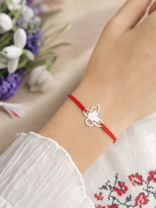Brățară Martisor 925 Argint Model Jolie 2 Fluturi Martisor 1 Martie Snur Argintiu Roșu