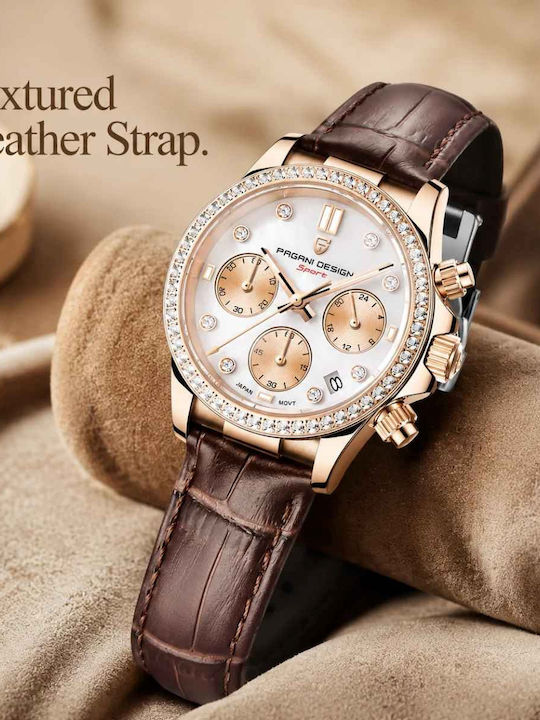 Ceas Dama 36mm Cronograf Cu Baterie Cu Curea Din Piele Rose Gold/Maro