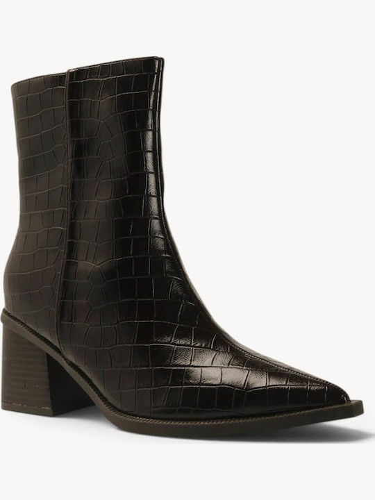 Brown Crocodile Ankle Boots Pointed Toe With Geometric Heel