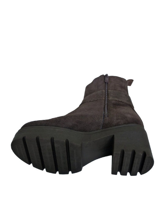 Damen Leder-Kampfstiefel mit Mittelhohem Absatz Braun