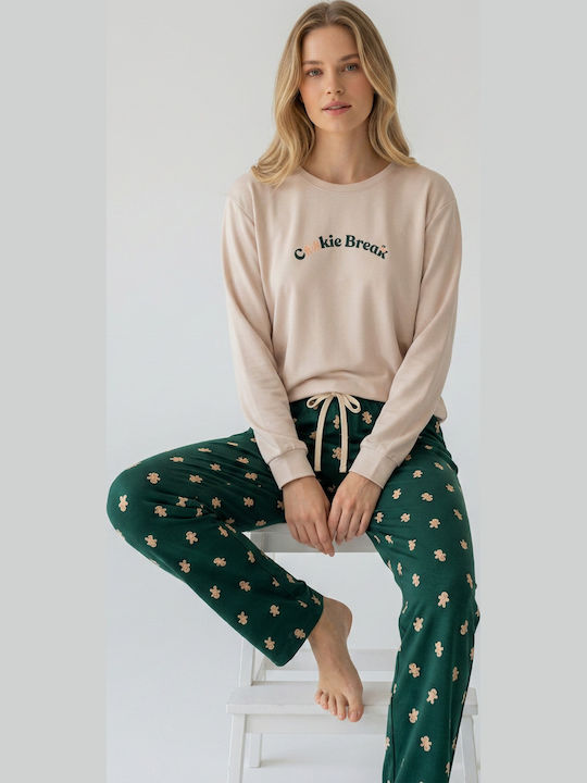 Harmony Set De Pijamale De Iarnă Pentru Femei Din Bumbac Bej/Verde