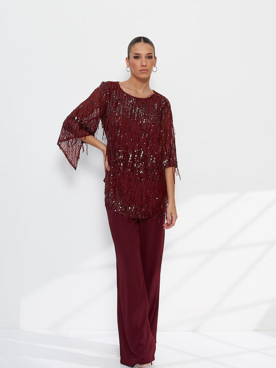 Women's Burgundy Set with Trousers with Sequins F2913_012