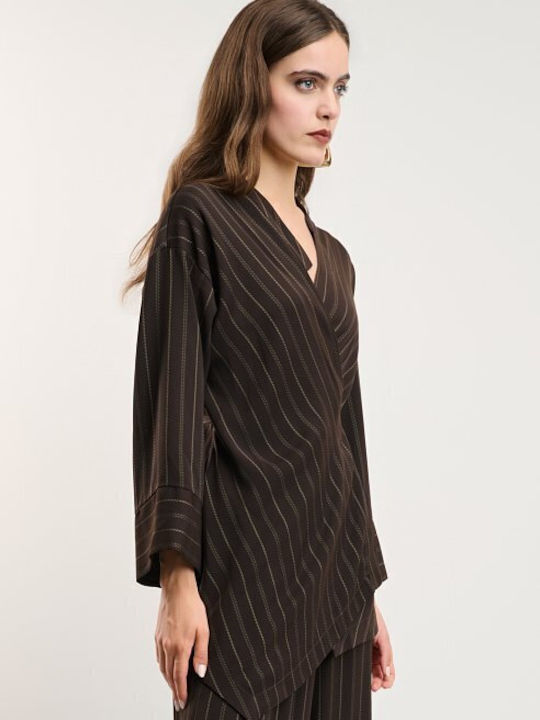 Women's Brown Set with High Rise Trousers Striped