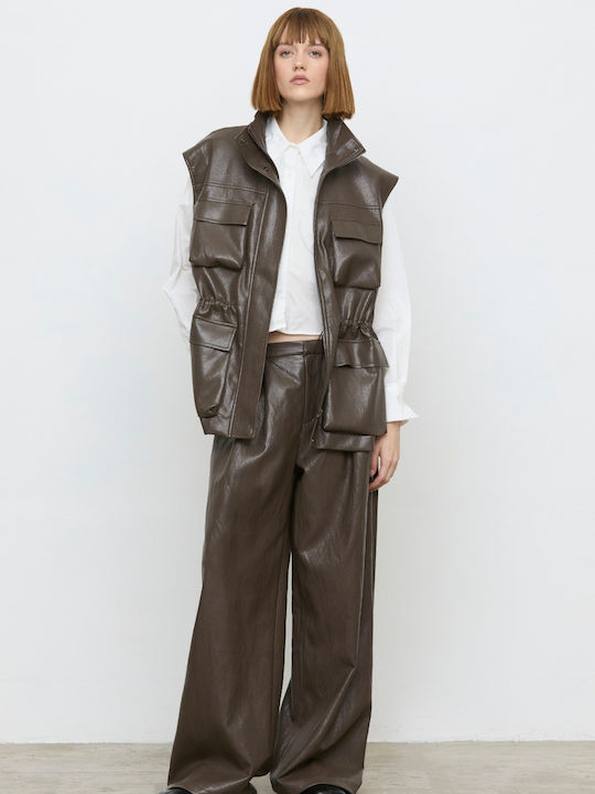 Women's Leather Pantaloons with Rubber Band in Loose Fit Brown