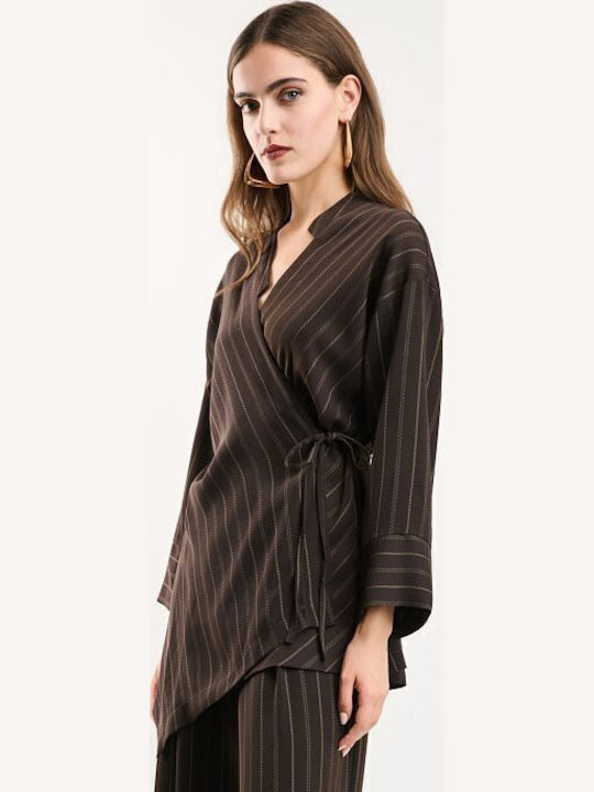 Women's Brown Set with High Rise Trousers Striped