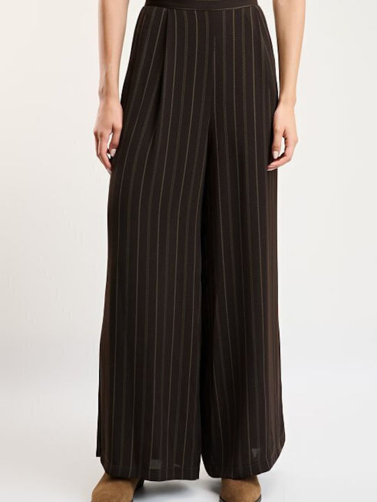 Women's Brown Set with High Rise Trousers Striped