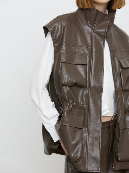 Eleh Ärmelloses Damen Jacke aus Künstliches Leder Braun