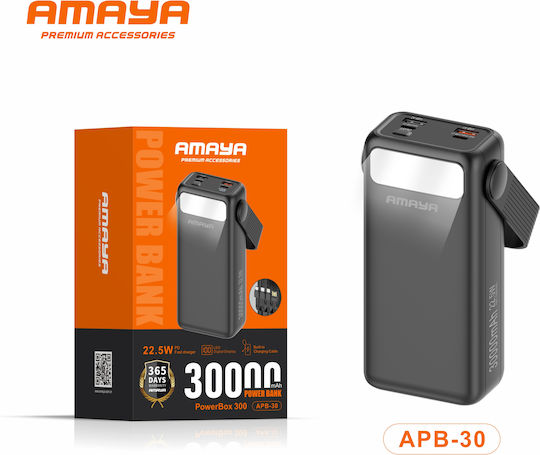 Amaya Powerbox 300 Apb-30 Външна Батерия 30000mAh 22.5W Вградени Кабели Цифров Дисплей Led Осветление Черен
