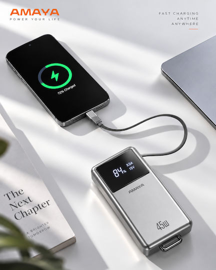 Amaya Apb-f231 Външна Батерия 20000mah 45w Вграден Кабел Usb-c – Сребриста