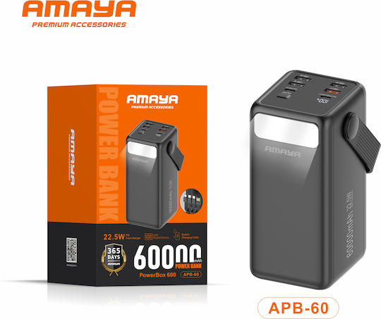Amaya Apb-60 Външна Батерия 60000mah 22.5w Вградени Кабели Цифров Дисплей Led Осветление Черна