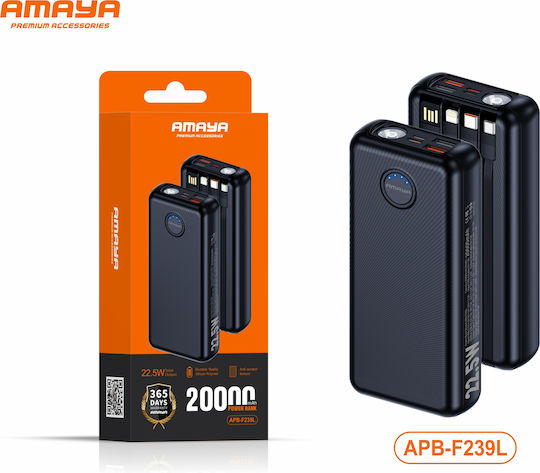 Amaya Apb-f239l Външна Батерия 20000mah 22.5w Вградени Кабели Led Фенер Черен