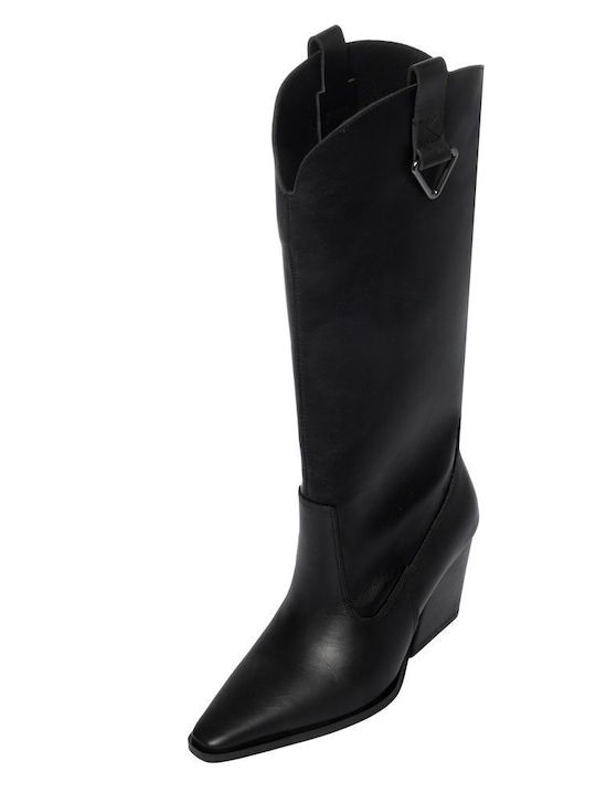 Leather Women's Cowboy Boots with High Heel Black