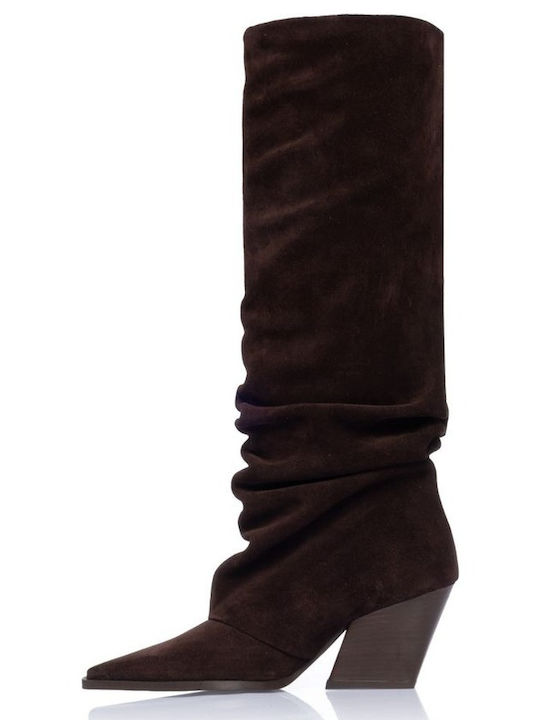 Leather Women's Cowboy Boots with High Heel Brown
