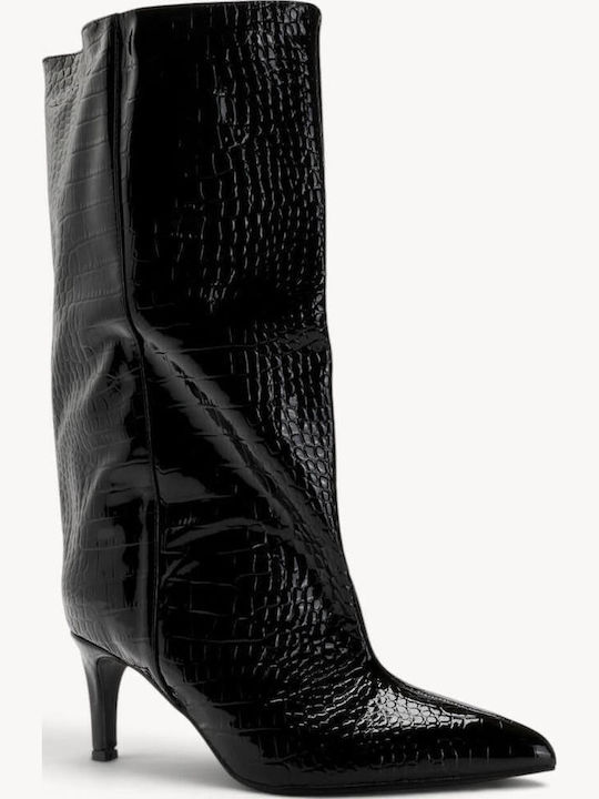 Schwarze Krokodilleder Damenstiefel Mit Pelz Mit Spitzer Linie