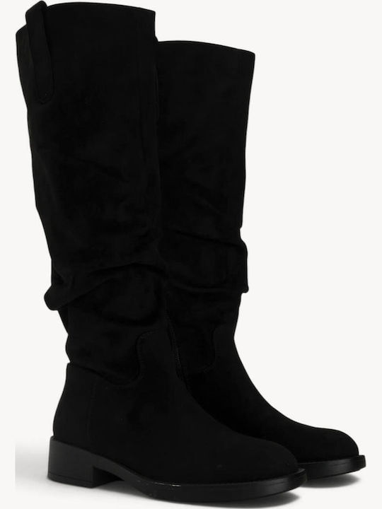 Cizme Dama Slouch Negre Din Suede Cu Toc Jos
