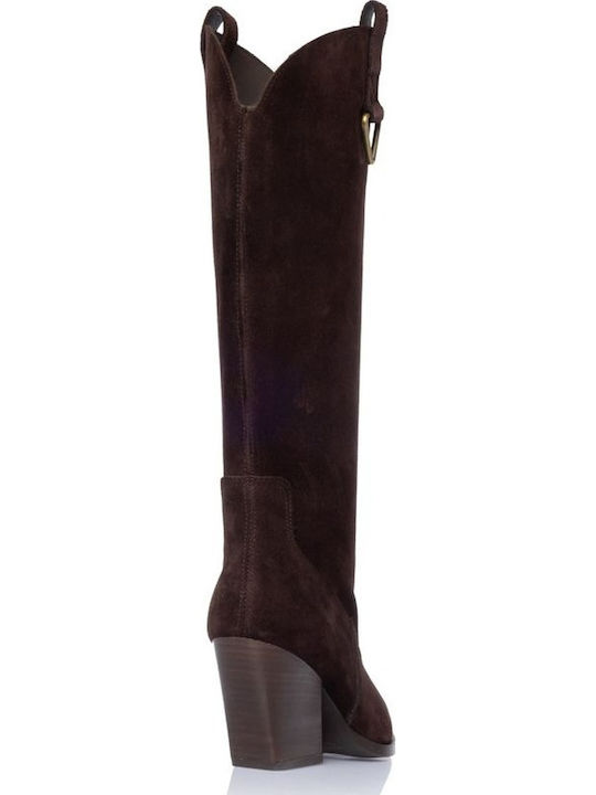 Leather Women's Cowboy Boots with High Heel Brown