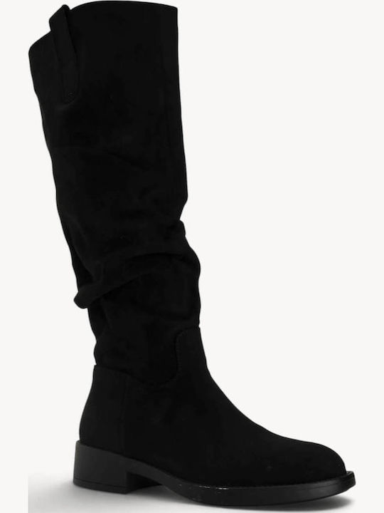 Cizme Dama Slouch Negre Din Suede Cu Toc Jos