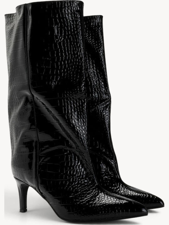 Schwarze Krokodilleder Damenstiefel Mit Pelz Mit Spitzer Linie