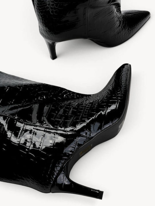 Schwarze Krokodilleder Damenstiefel Mit Pelz Mit Spitzer Linie