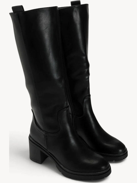 Schwarze Damenstiefel Traktorensohle Hoher Blockabsatz