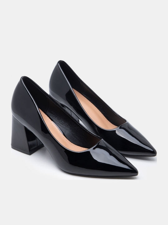 Spitze Zehe Pumps mit Chunky Mittlerem Absatz Schwarz