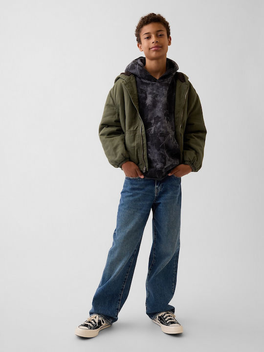 Fleece Kinder-Sweatshirt mit Kapuze und Taschen Schwarz Camo