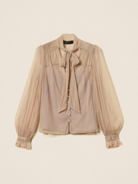 Long Sleeve Women's Shirt Beige Striped