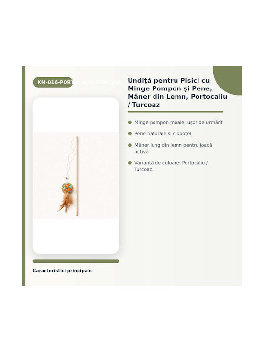 Băț De Pisică Pom Pom Minge Pene Mâner Din Lemn Portocaliu Turcoaz