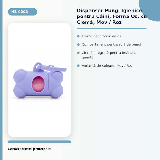 Dispenser Sac Igienic Pentru Excremente De Câine Formă De Os Clip Violet Roz