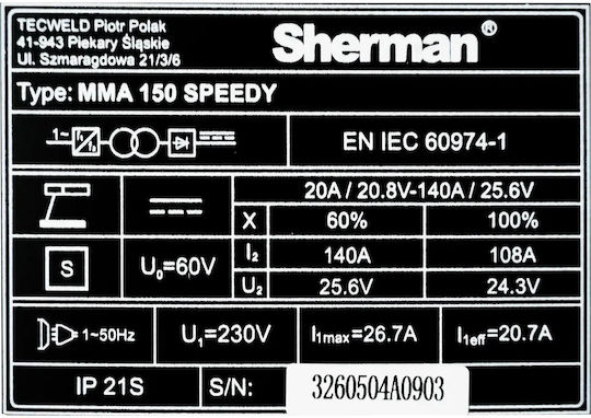 Sherman MMA 150 Speedy Инверторен Заваръчен Апарат MMA с Максимален Заваръчен Ток 150A и Работен Цикъл 60%